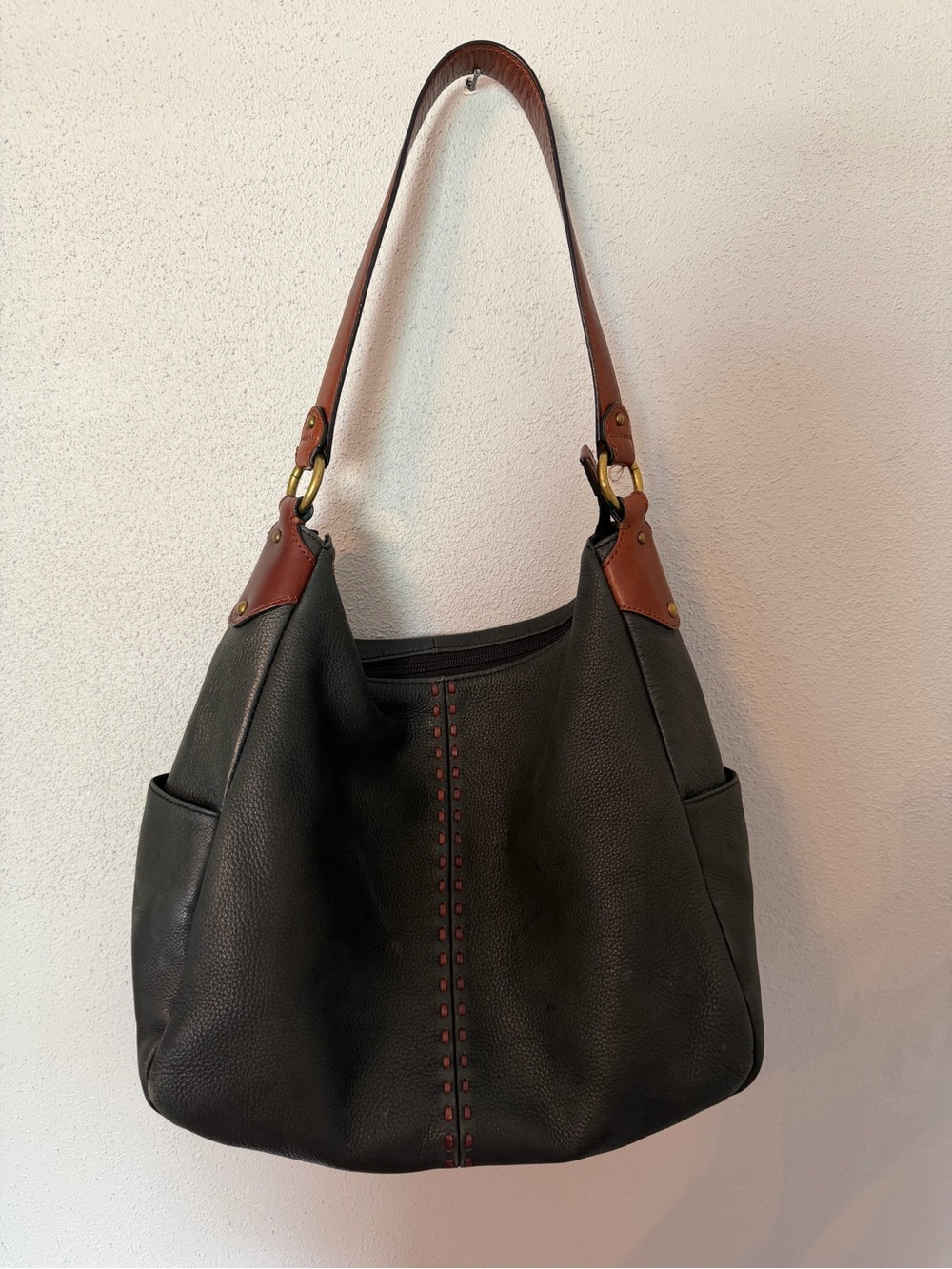 Fossil Black Leather Hobo Bag with Brown Strap
